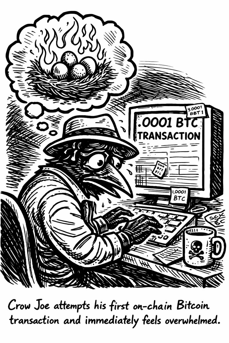 Crow Joe in the Age of Ai comic - crow joe the blues playing crow is at his desktop making his first bitcoin transaction.  he looks nervous and there is a thought bubble over his head of a literal nest egg on fire.  the computer screen reads .001btc which is a small amount, but to a poor blues musician that feels like risking his life''s savings.  the caption reads 'Crow Joe attempts his first on-chain bitcoin transaction and immediately feels overwhelmed' being over whelmed is a common feeling for new bitcoiners and on chain transactions are stressful